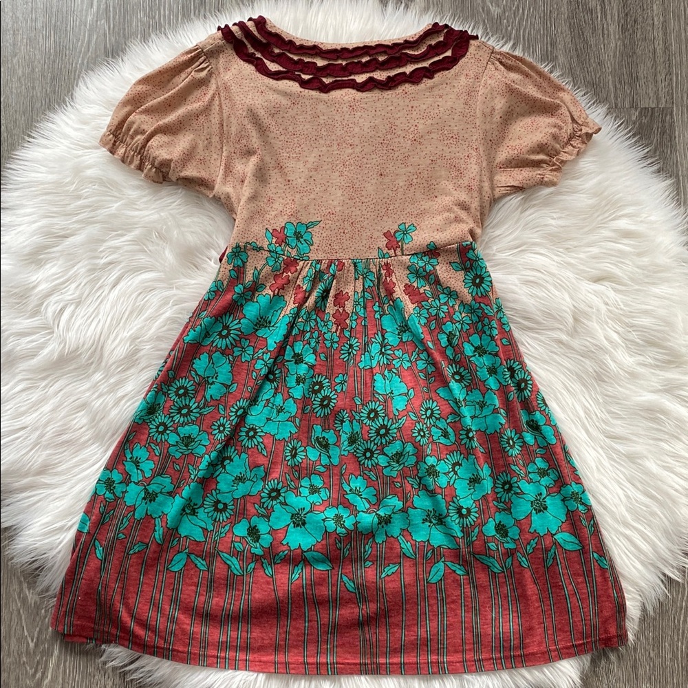 Mina UK Whimsy Twee 1990s Vintage Floral Patterned Dress with Burgundy Accents - Picture 6 of 8